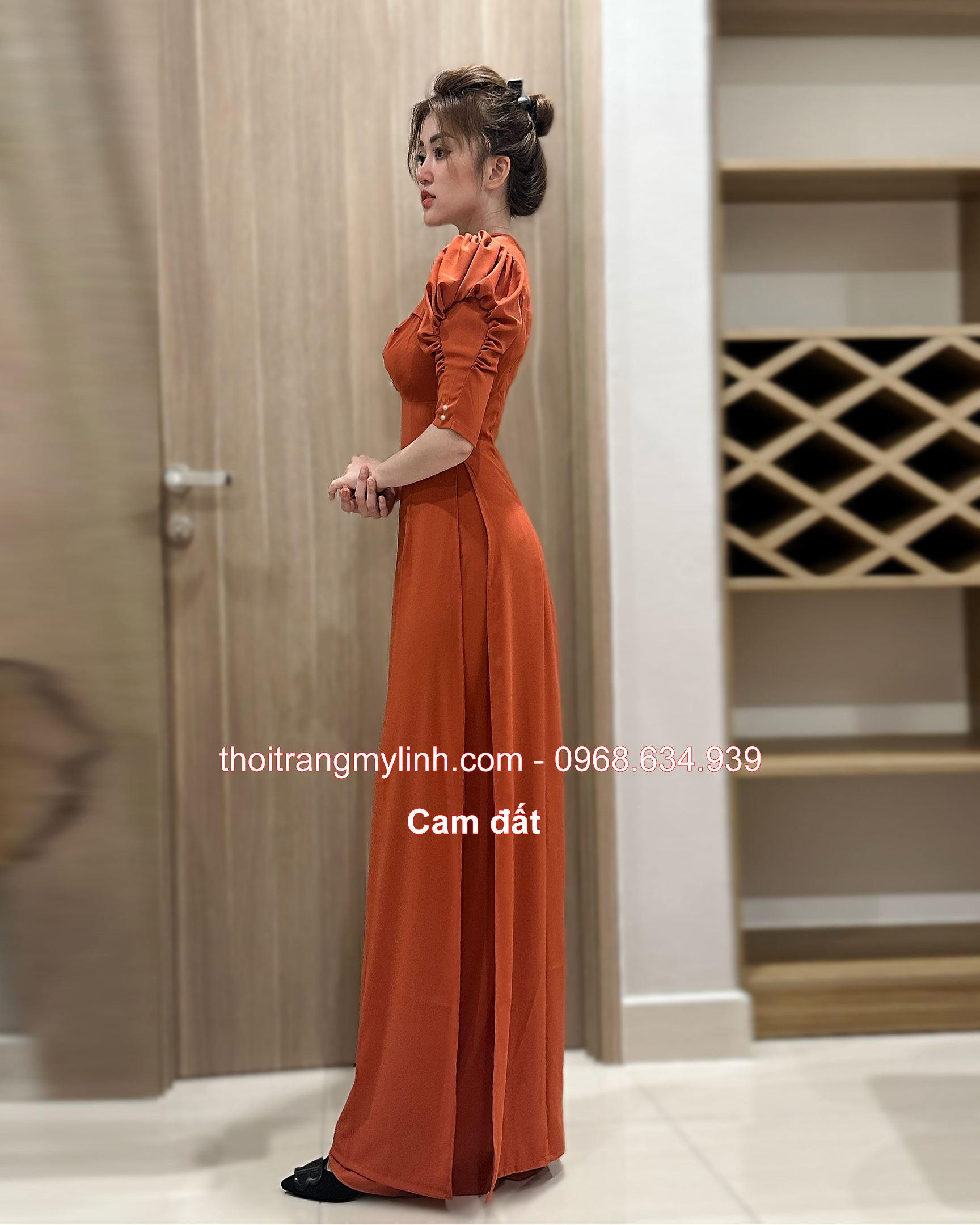 ÁO DÀI ĐÍNH NGỌC TRAI TAY PHỒNG, LỠ MÀU CAM ĐẤT